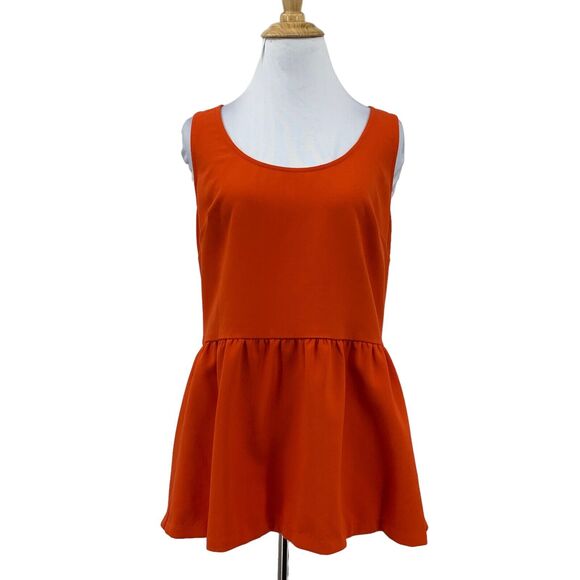 Trina Turk Top Womens M Medium Flame Orange Back Zip Sleeveless Peplum Blouse - Picture 1 of 11